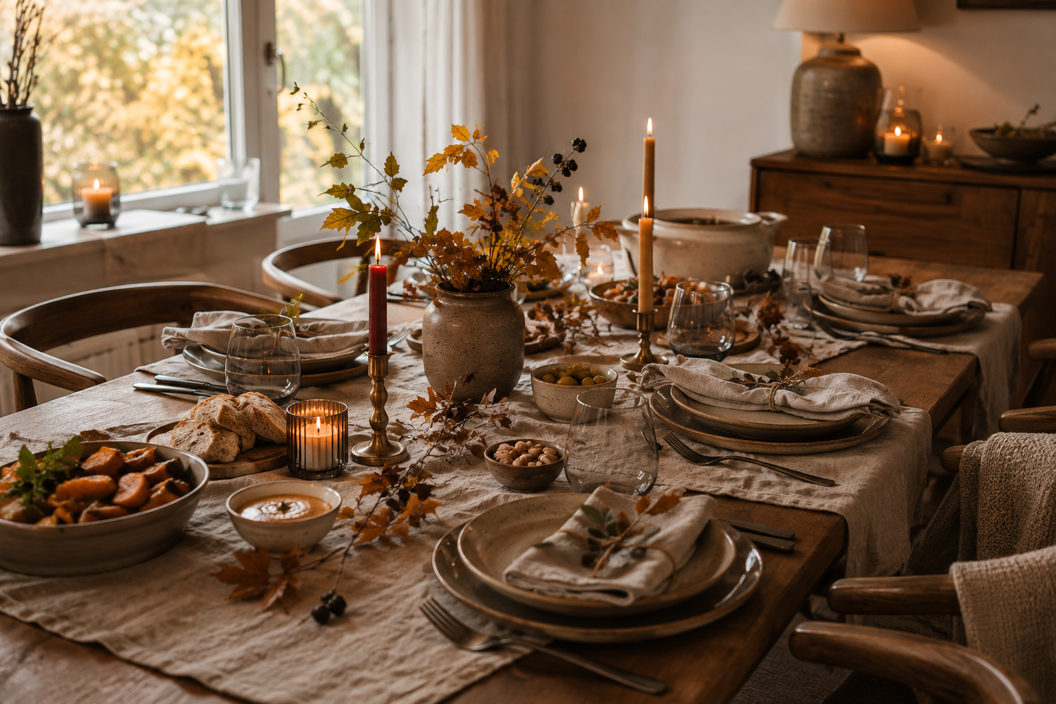 Lange herbstlich gedeckte Tafel mit Keramikgeschirr, Leinen, Kerzen und Essen