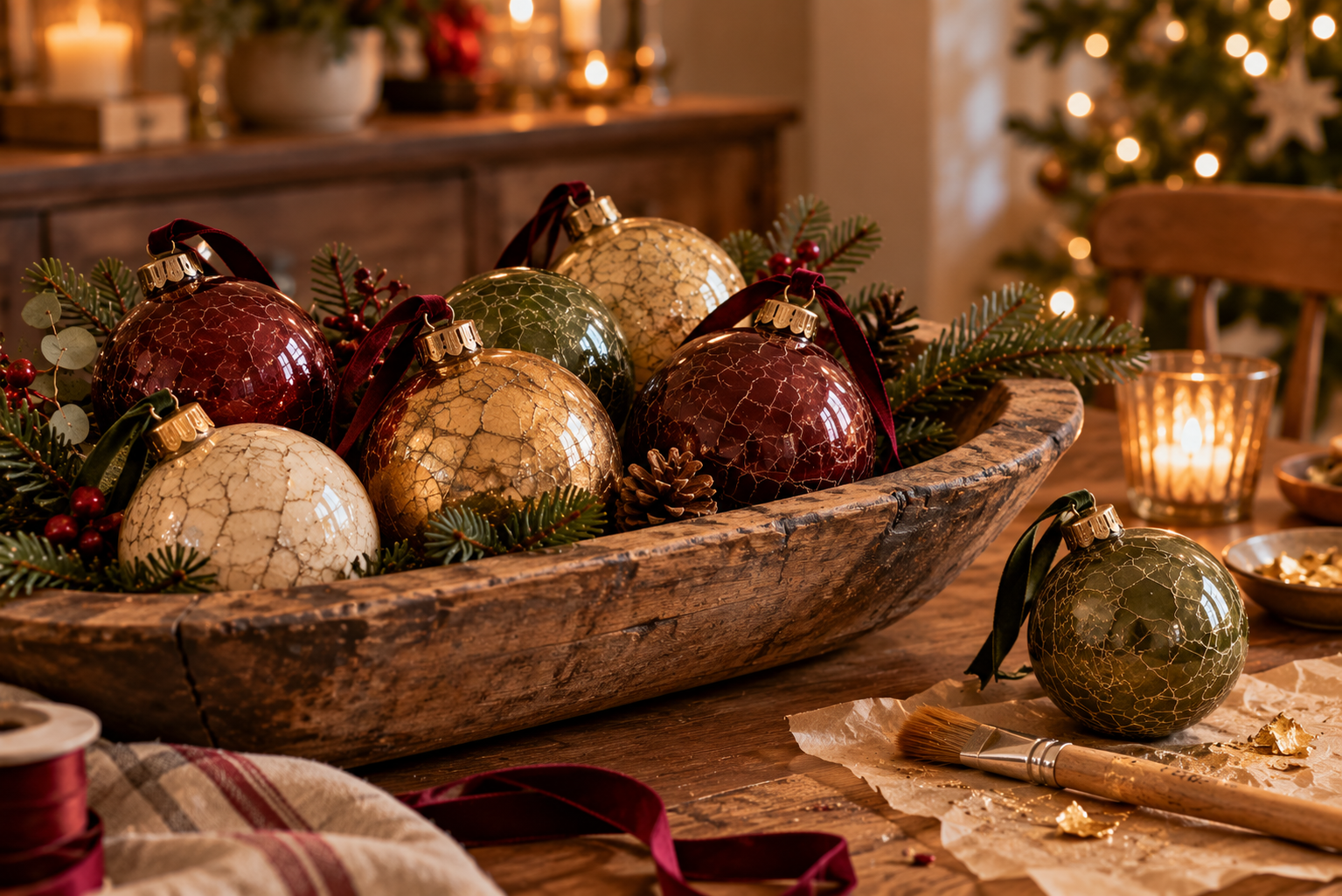 Weihnachtskugeln im Vintage-Look Selbst gestaltete Weihnachtskugeln mit gealterter Krakelieroberfläche