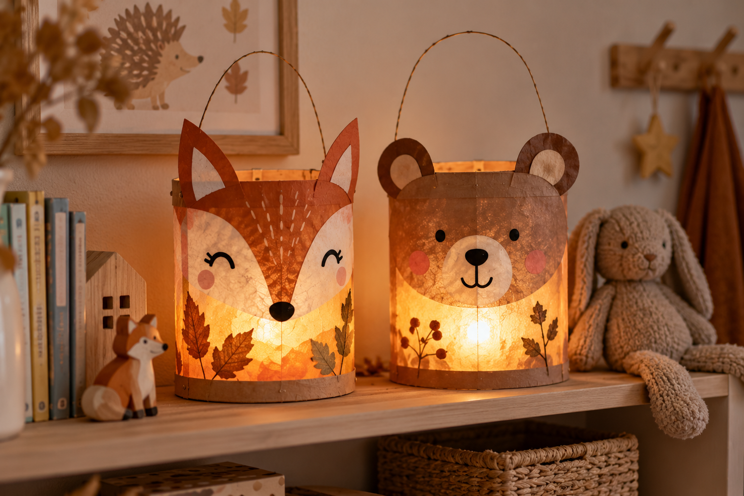 Ein Fuchs und ein Bär als Laterne Selbst gebastelte Waldtier-Laternen für Kinder