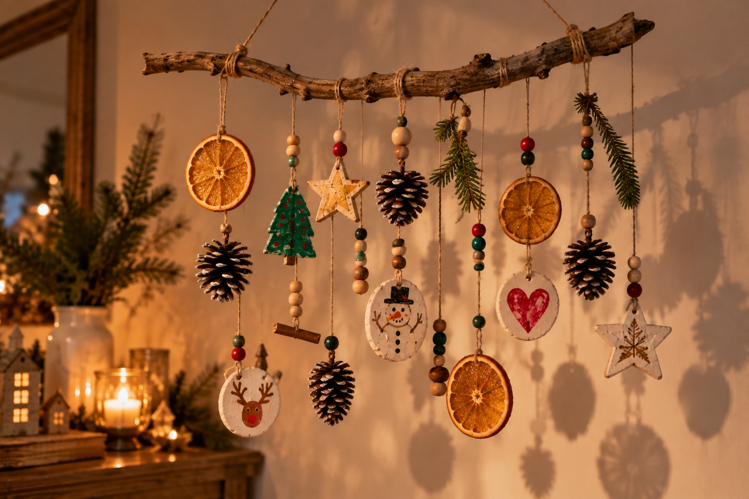Weihnachts-Mobile mit Naturmaterialien Selbst gemachtes Weihnachts-Mobile aus einem Ast mit Zapfen, Orangenscheiben, Holzperlen und Kinderanhängern