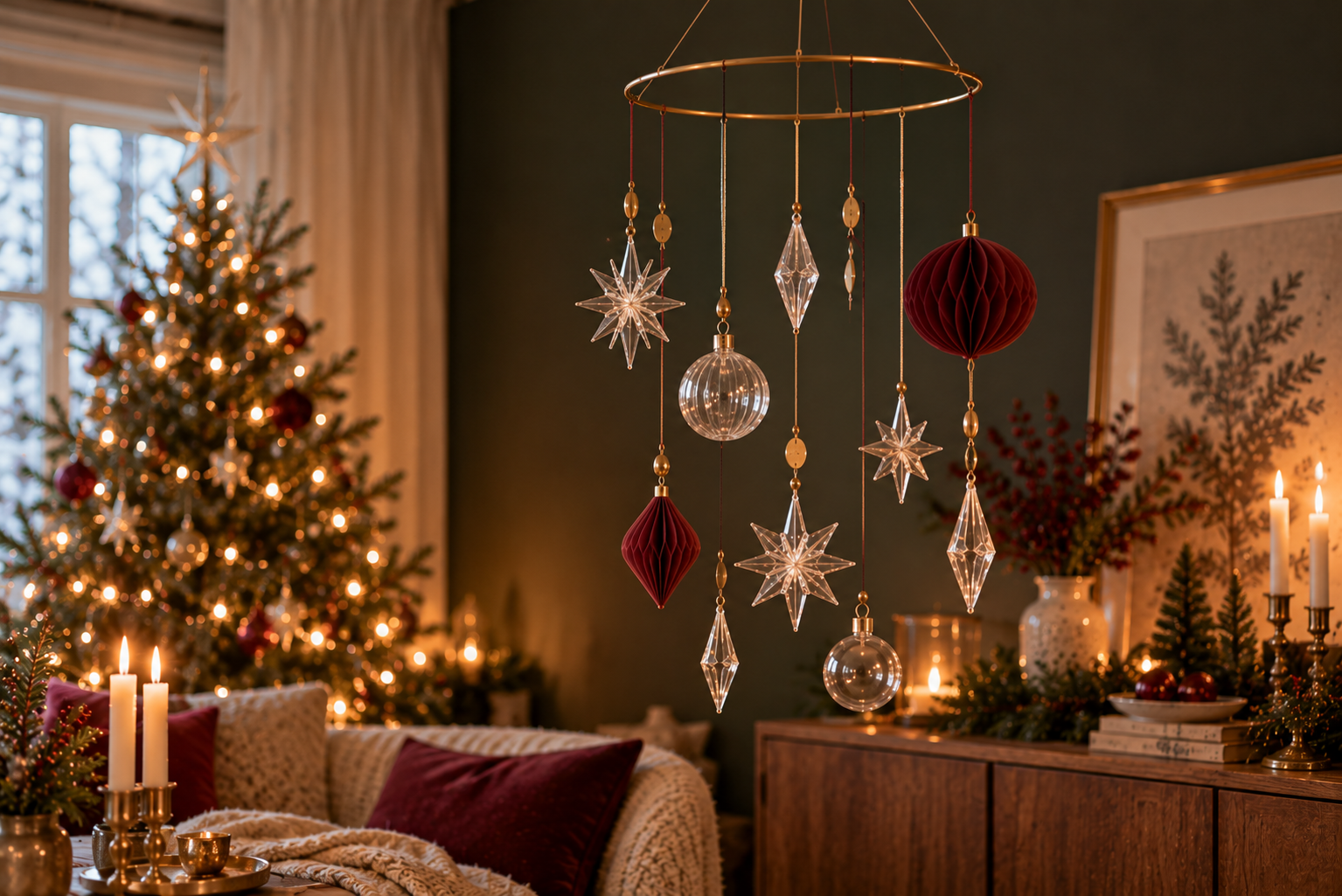 Schwebendes Weihnachts-Mobile Selbst gemachtes Weihnachts-Mobile aus Metallring, Glassternen und Ornamenten