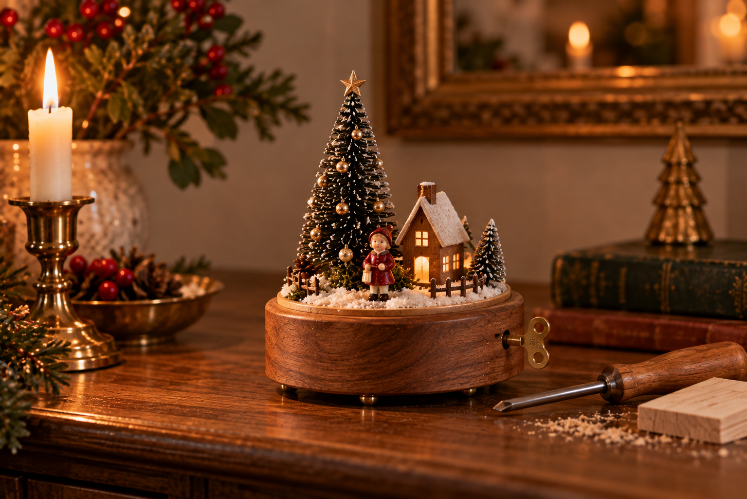 Eigene Weihnachts-Spieluhr Selbst gebaute Weihnachts-Spieluhr mit kleinem Haus und Miniaturbaum