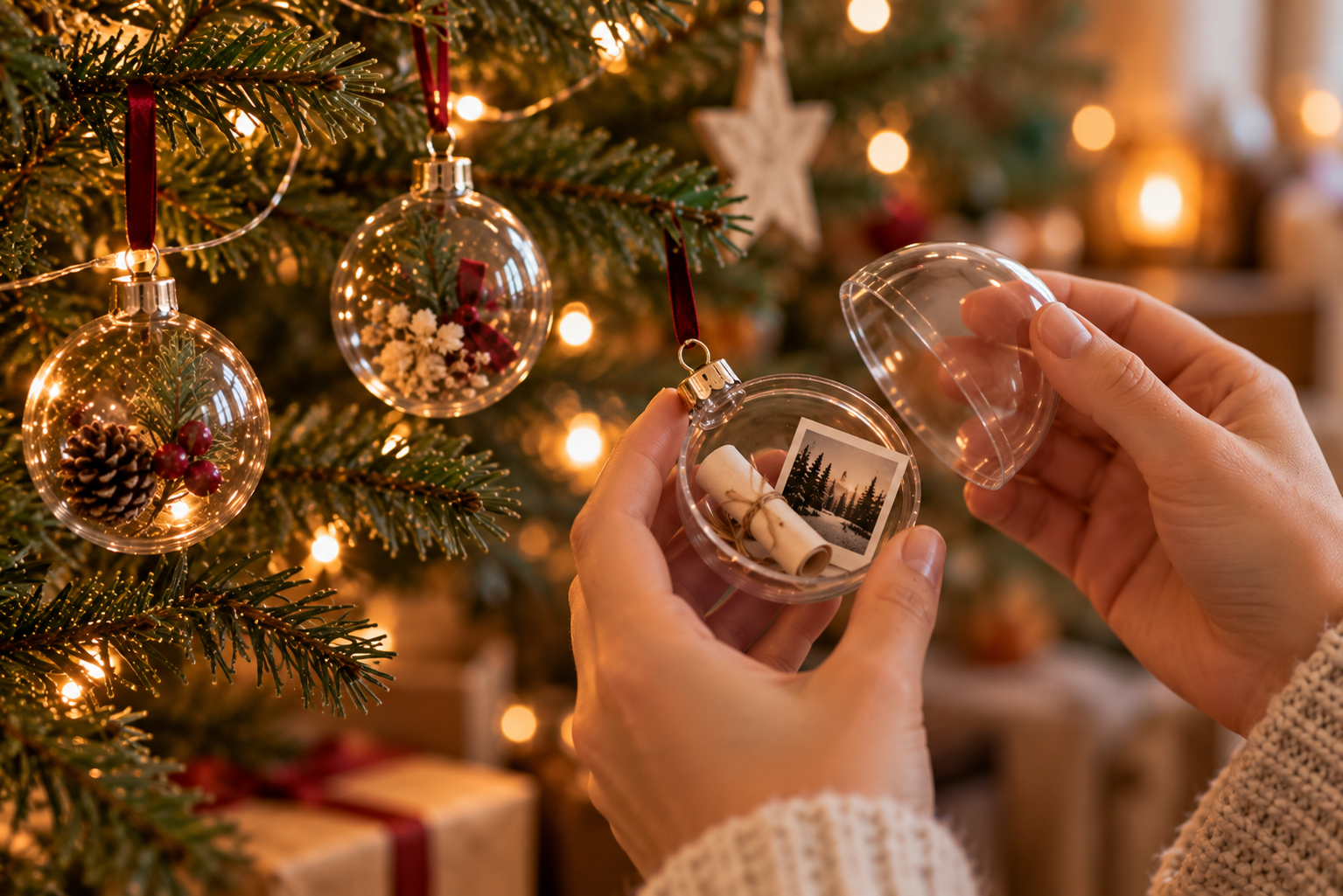 Weihnachtsanhänger mit Erinnerungen Befüllbarer Weihnachtsanhänger mit kleinem Foto und persönlicher Erinnerung
