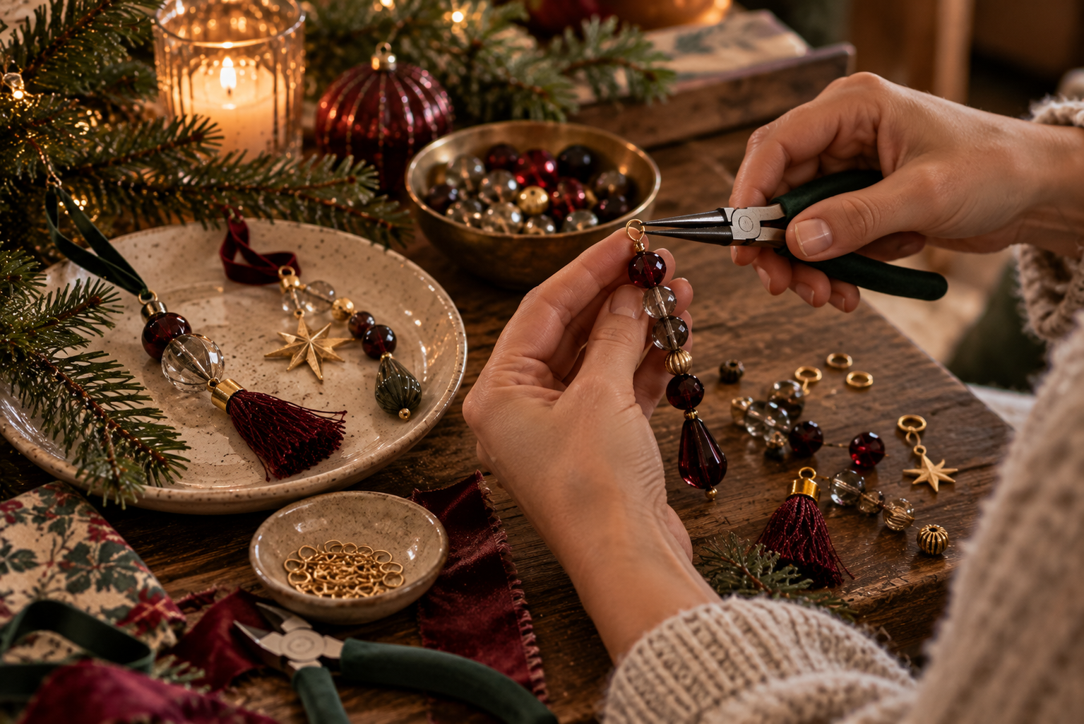 Weihnachtsanhänger aus Glasperlen Hände gestalten einen Weihnachtsanhänger aus Glasperlen und Schmuckelementen
