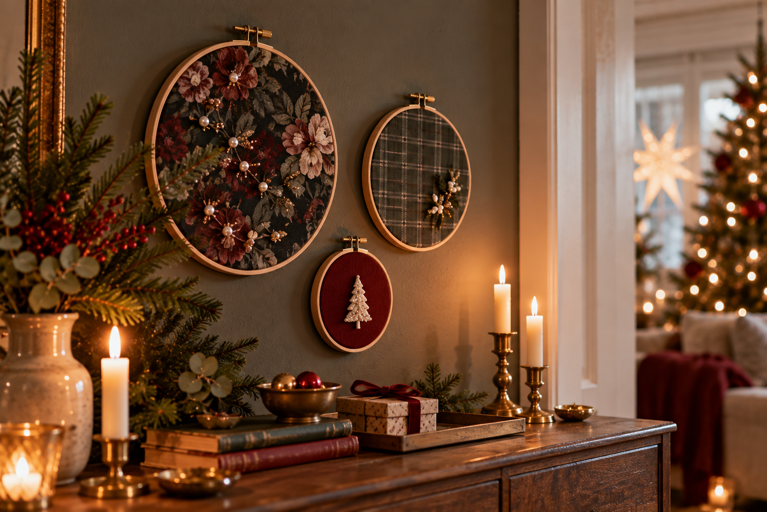 Textile Weihnachtsbilder Weihnachtliche Wandbilder aus gemusterten Stoffen in Stickrahmen