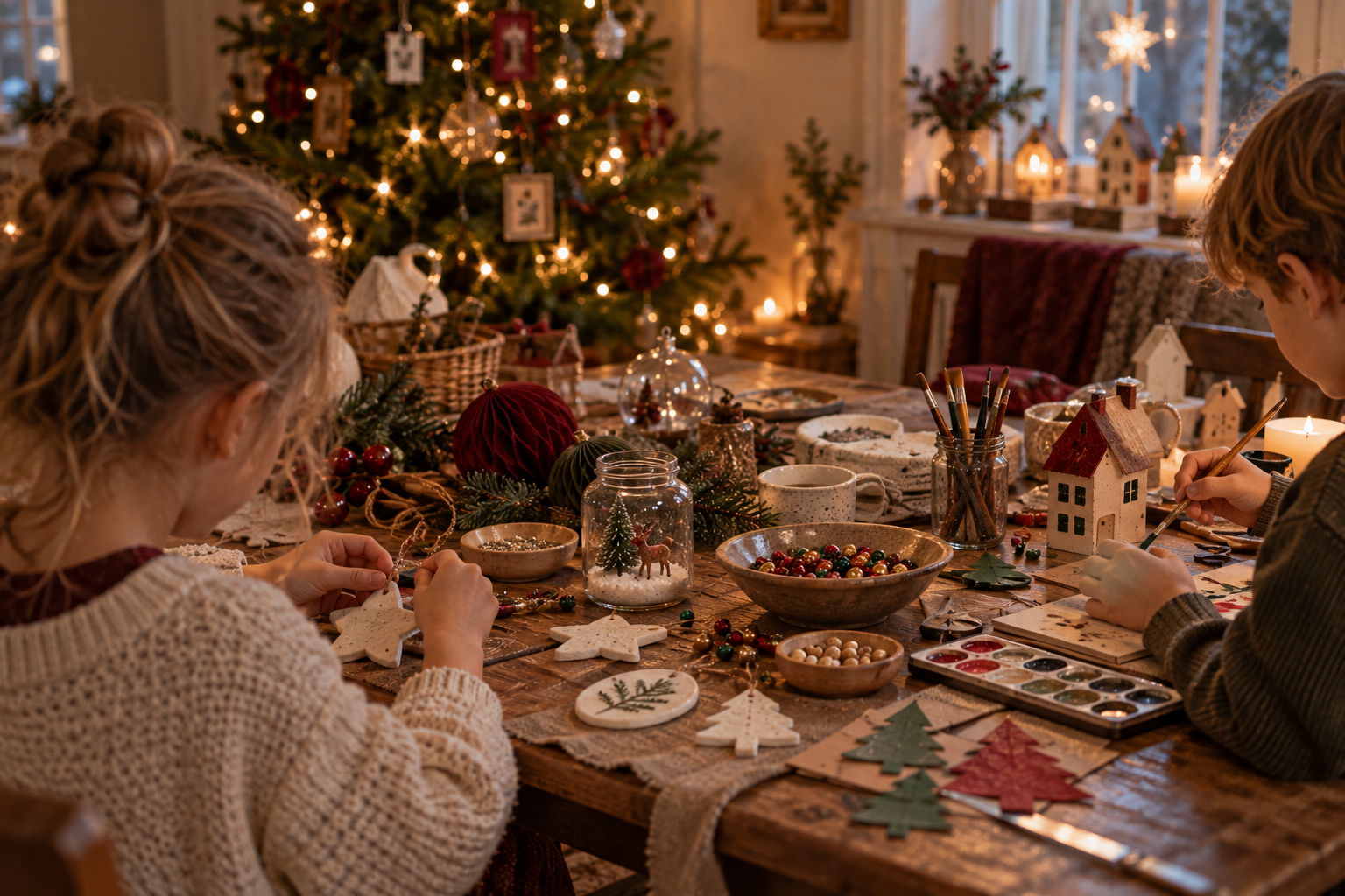 Kinder basteln an einem adventlichen Holztisch Weihnachtsdeko mit Kugeln, Holzhäusern und Anhängern