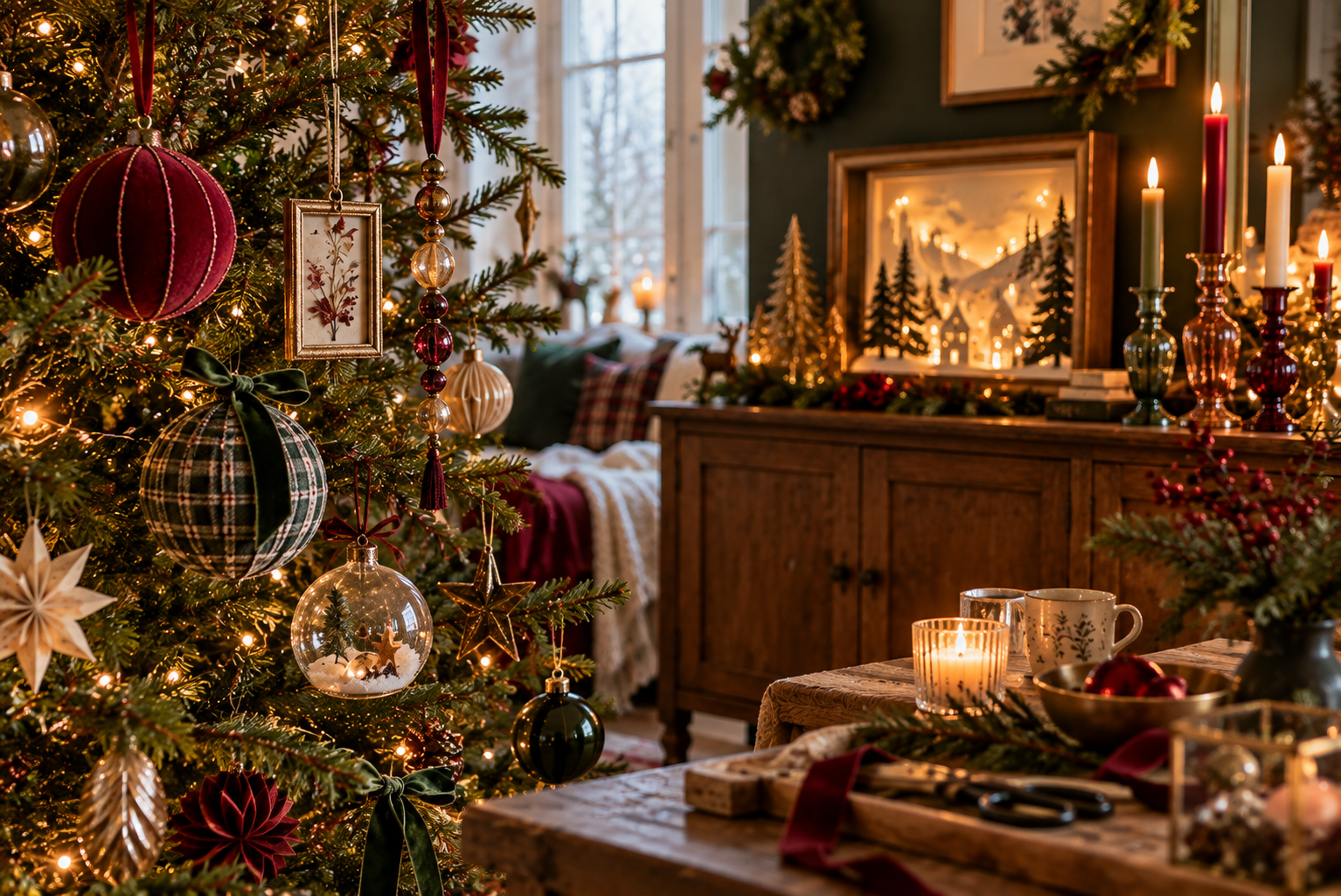 Selbst gemachte Weihnachtsdeko mit Stoffkugeln, besonderen Anhängern und leuchtender Winterkulisse