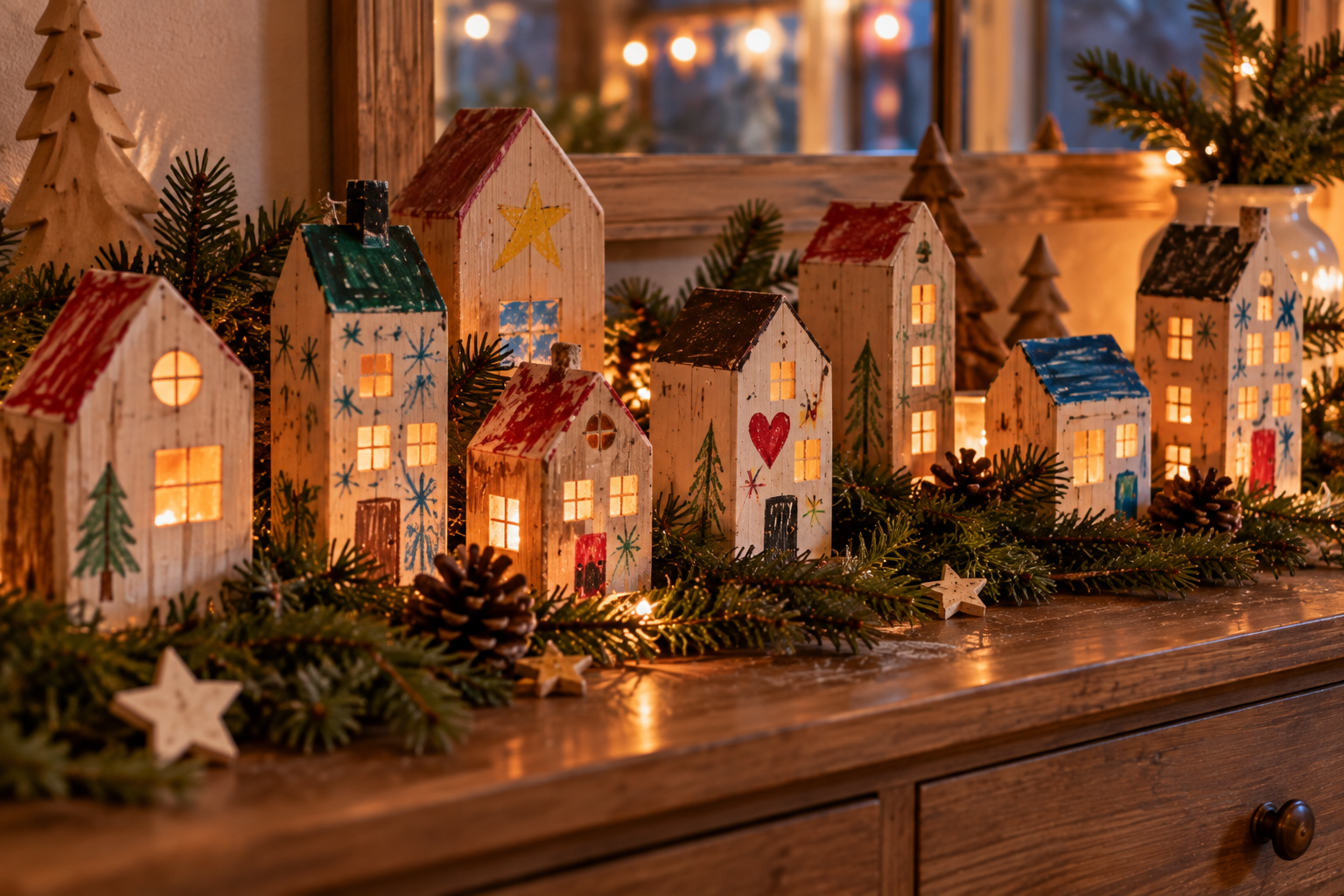 Weihnachtsdorf aus bemalten Holzhäusern Von Kindern bemalte Holzhäuser mit unterschiedlichen Fenstern und Türen zwischen lockerem Tannengrün