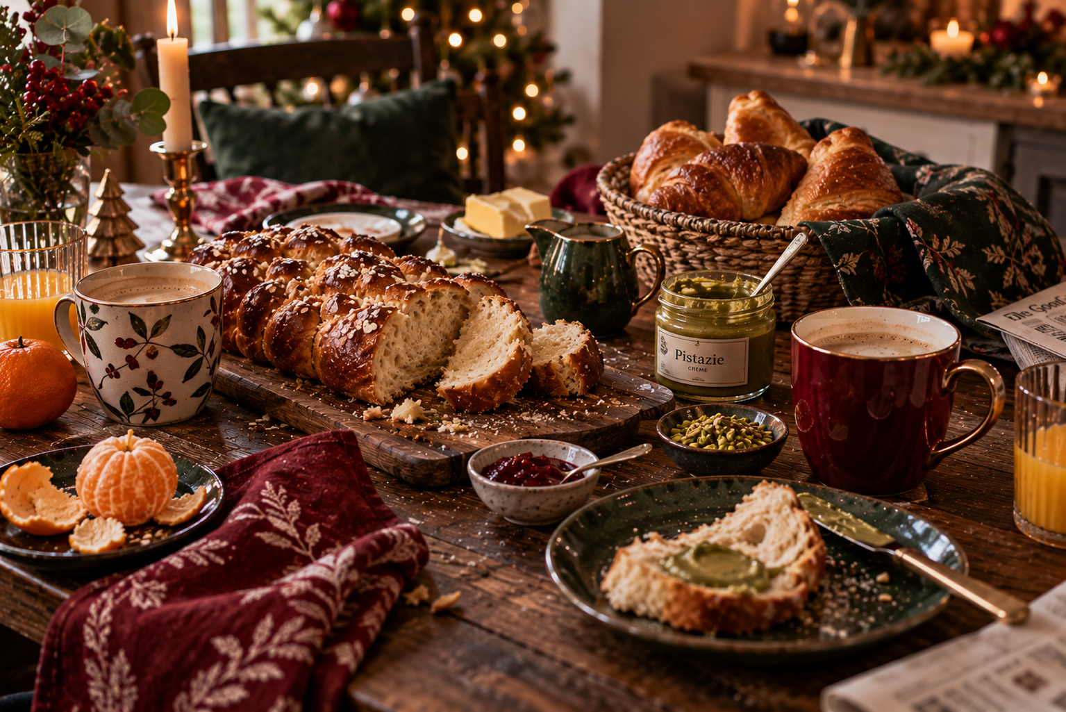 Kleine Spezialität fürs Weihnachtsfrühstück Weihnachtlicher Frühstückstisch mit Hefezopf, Croissants und Pistaziencreme.