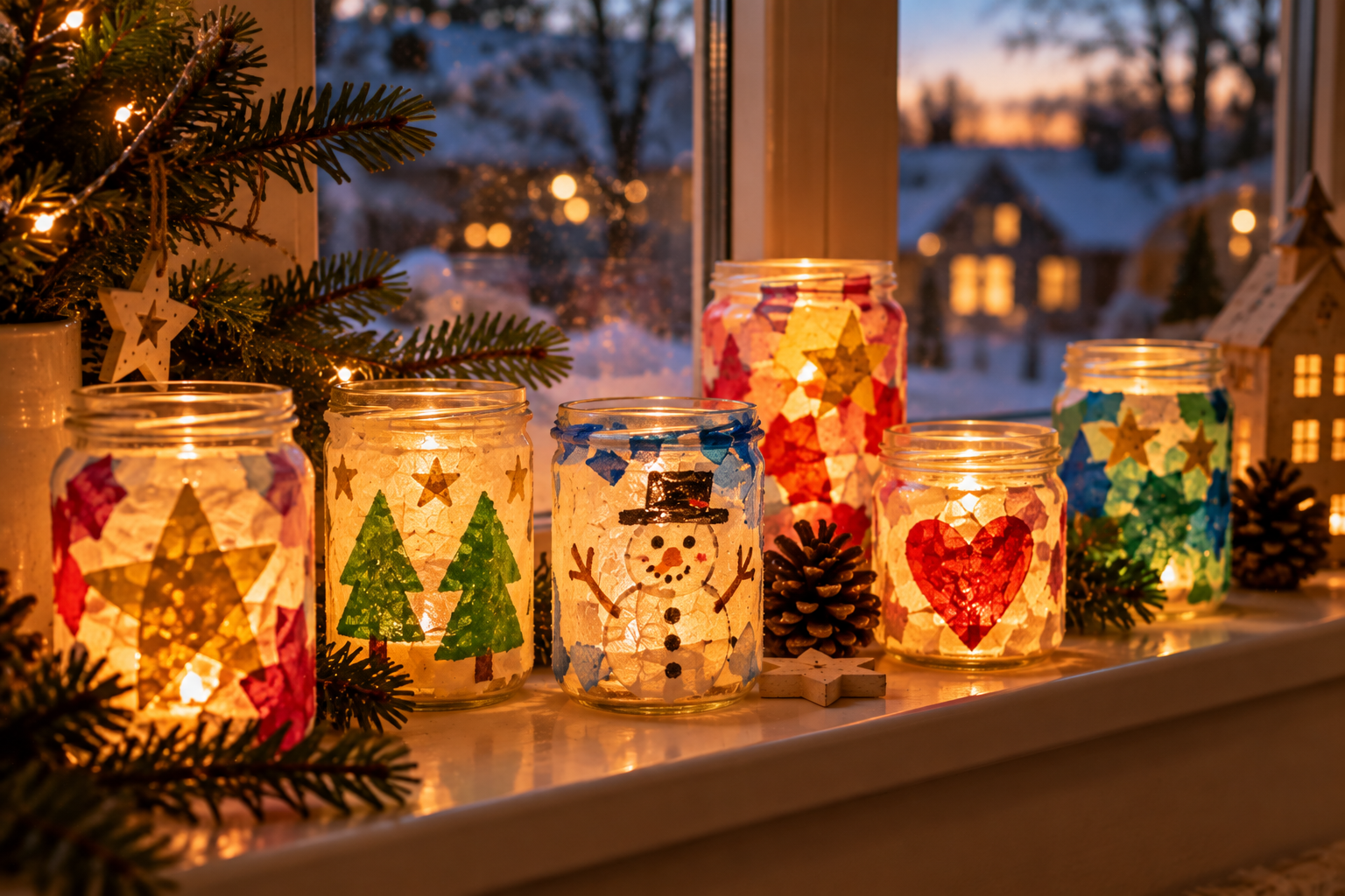 Weihnachtsgläser mit Transparentpapier Von Kindern gestaltete Weihnachtsgläser mit buntem Transparentpapier und warm leuchtenden LED-Teelichtern