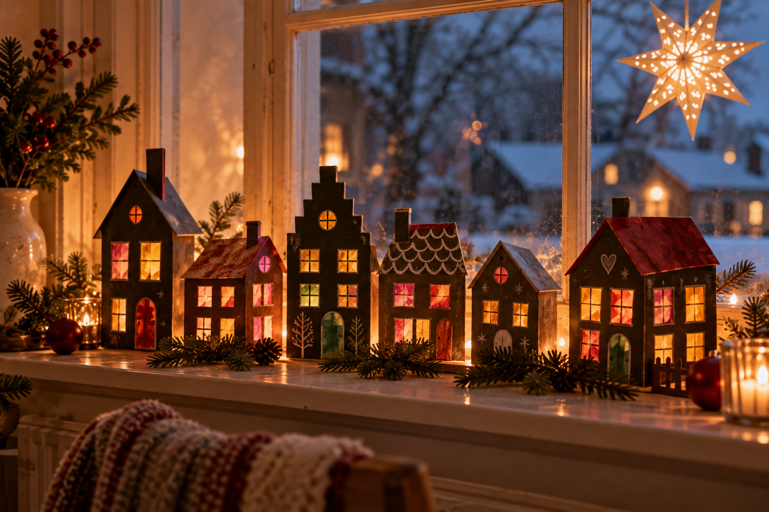 Leuchtende Weihnachtshäuser fürs Fenster Selbst gebastelte Häuserzeile aus dunklem Tonkarton und farbigem Transparentpapier am Fenster