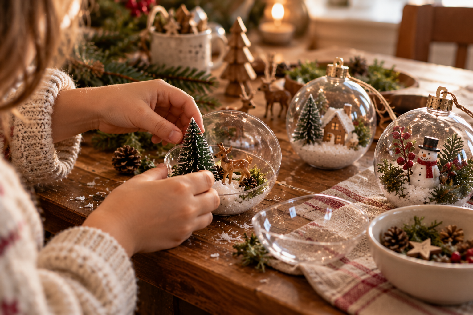Kleine Winterwelt in einer Weihnachtskugel Kinderhände gestalten eine kleine Winterwelt mit Tannenbaum in einer transparenten Weihnachtskugel