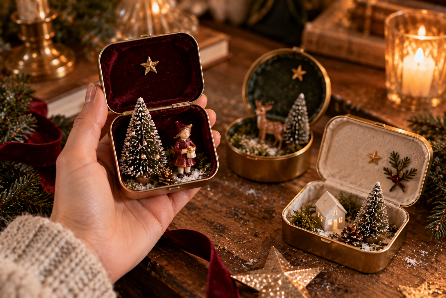 Kleine Weihnachtswelt in einer Dose Kleine selbst gemachte Weihnachtslandschaft in einer geöffneten Metalldose