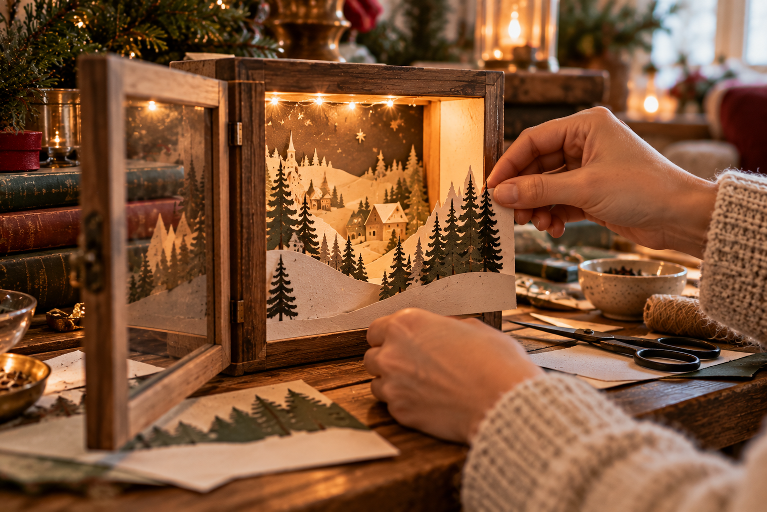 Leuchtende Winterkulisse im Bilderrahmen Mehrschichtige Winterkulisse aus Papier in einem tiefen Bilderrahmen