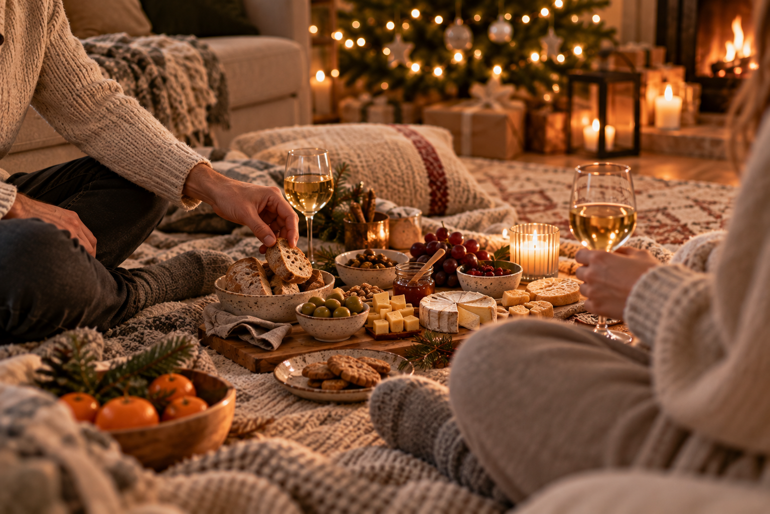 Paar genießt ein kleines Winterpicknick auf einer Decke im Wohnzimmer.