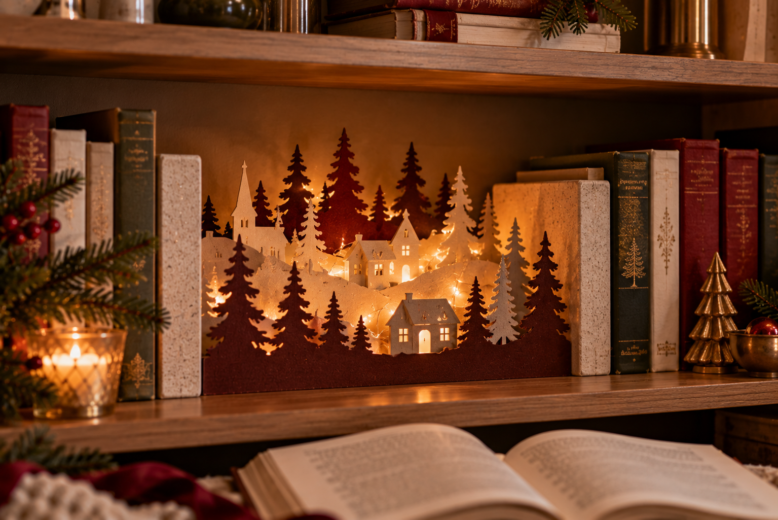 Beleuchtete Winterwelt im Bücherregal Kleine beleuchtete Winterlandschaft zwischen Büchern in einem Regal