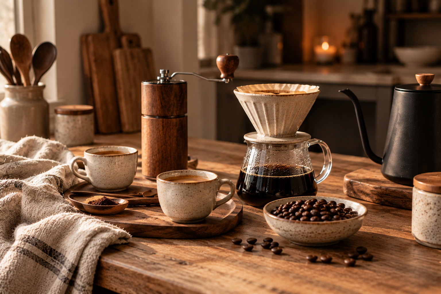 Liebevoll eingerichtete Kaffeebar mit Handkaffeemühle, Keramikfilter und Espressotassen in einer hellen Küche.