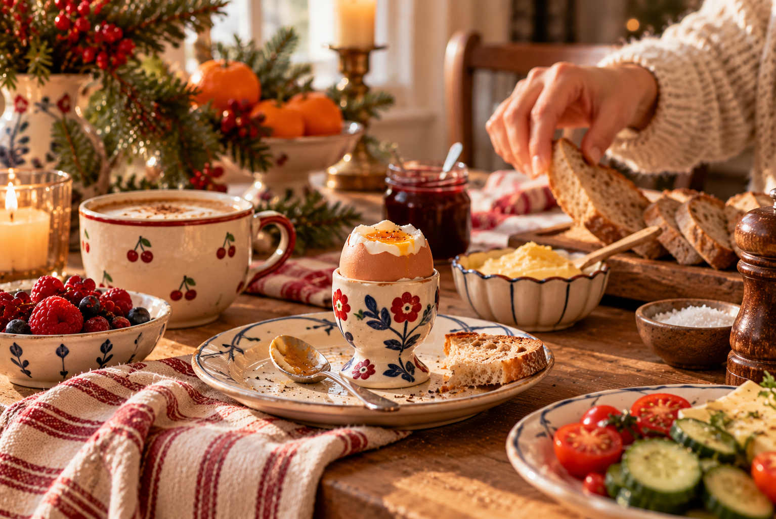 Besonderer Eierbecher zum Nikolaus Farbenfroher Eierbecher auf einem gedeckten winterlichen Frühstückstisch.