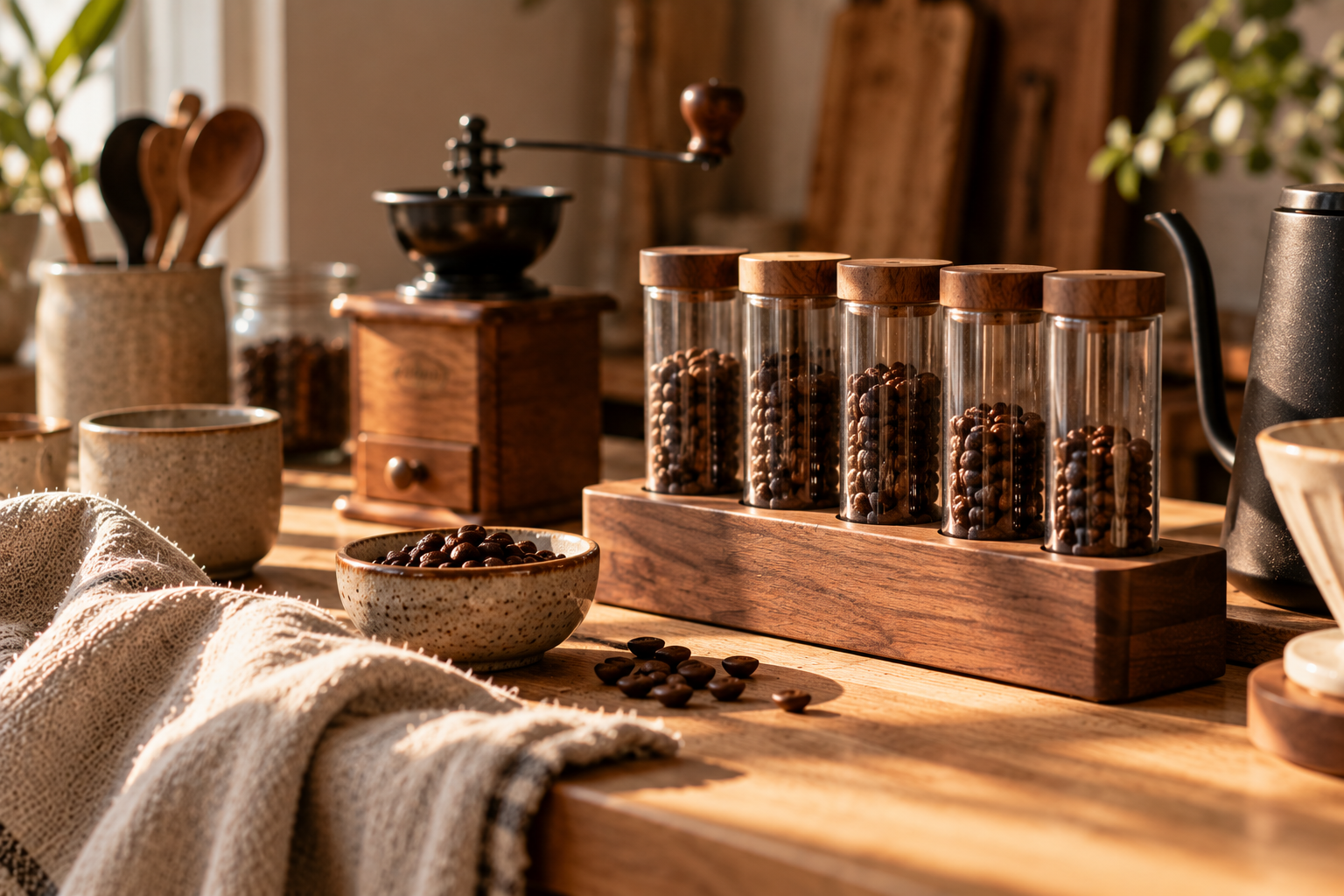 Holzständer mit einzelnen Glasbehältern für Kaffeebohnen auf einer gemütlichen Kaffeebar.