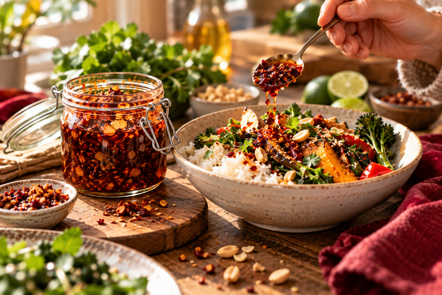 Selbst gemachtes Chili-Crisp Würziges Chili-Crisp mit Sesam wird aus einem Glas über eine Reisschüssel gegeben.