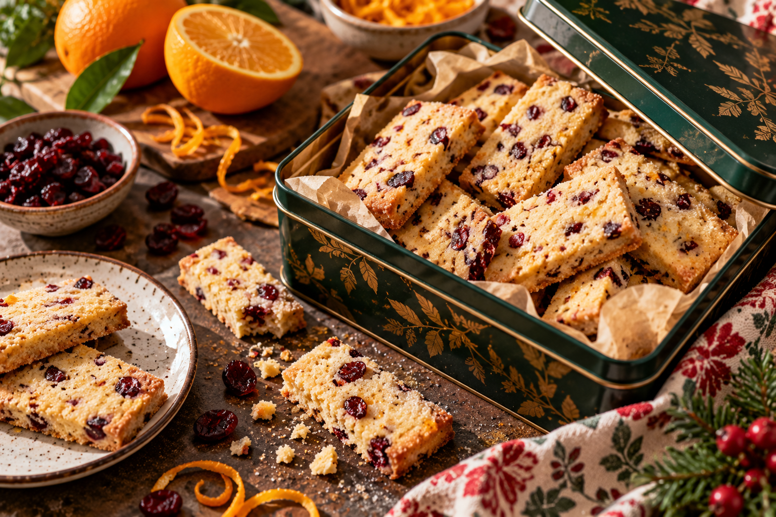 Cranberry-Orangen-Shortbread Selbst gebackene Shortbread-Kekse mit Cranberrys in einer geöffneten Keksdose.