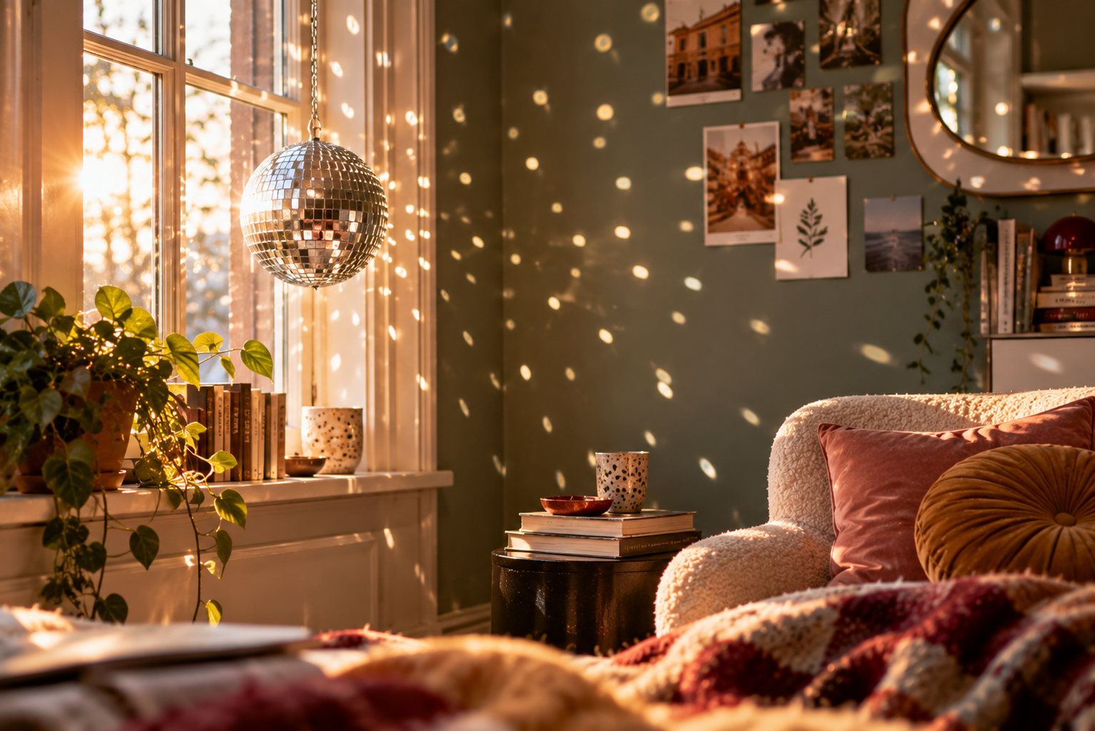 Kleine Discokugel als Geschenk Kleine Spiegelkugel am Fenster wirft Lichtreflexe in ein gemütliches Zimmer.