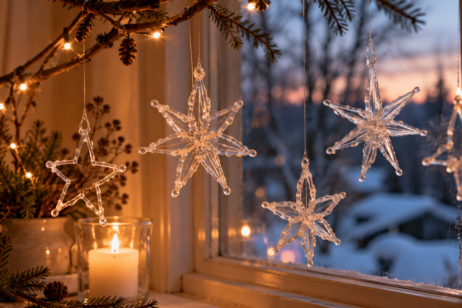 Leuchtende Eissterne aus Heißkleber Transparente selbst gemachte Eissterne aus Heißkleber hängen vor einem Fenster und reflektieren warmes Licht.