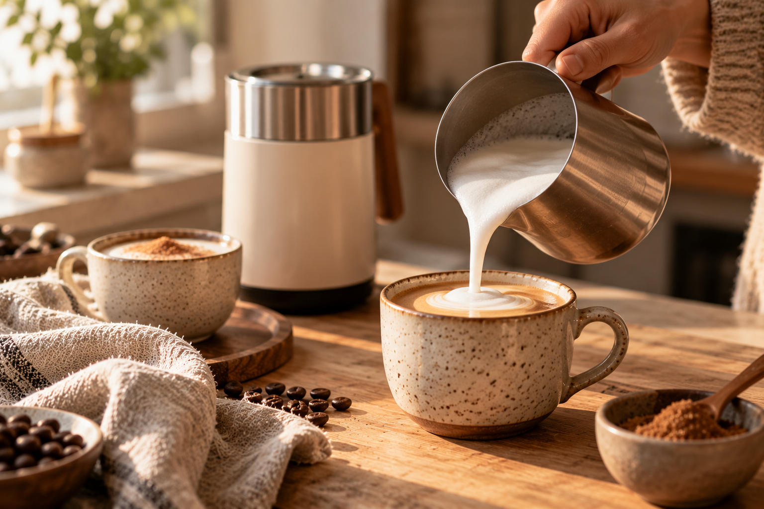 Cremiger Milchschaum wird in einen Cappuccino gegossen, daneben steht ein elektrischer Milchaufschäumer.