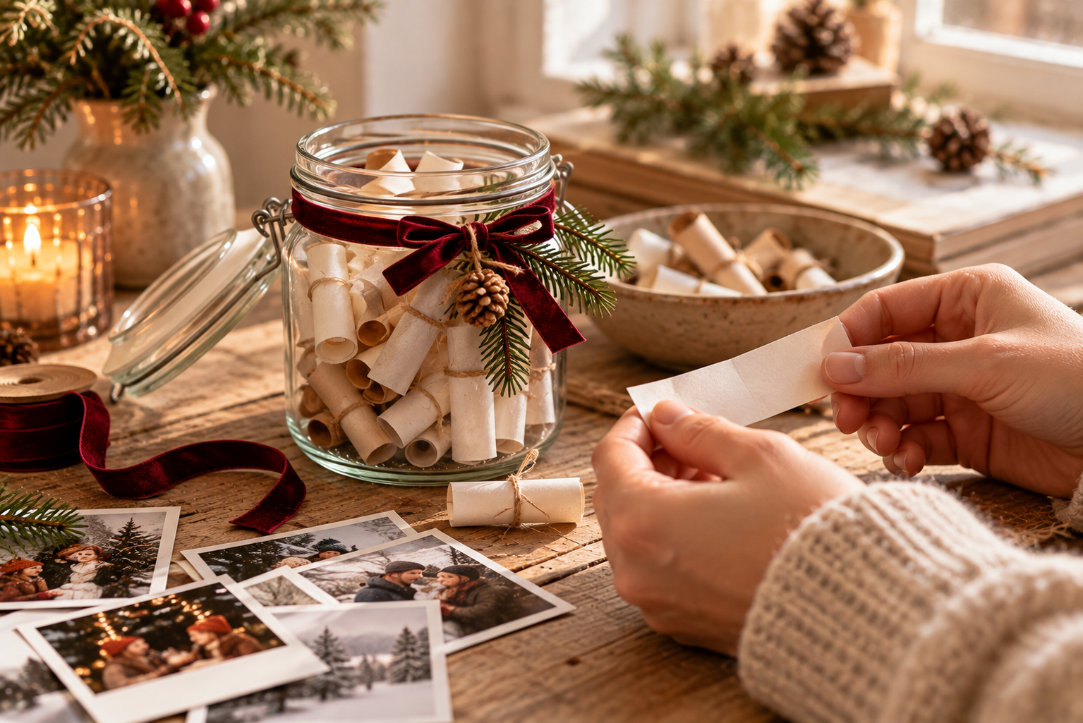 Persönliches Weihnachtsgeschenk mit Erinnerungen im Glas Glas mit zusammengerollten Erinnerungszetteln, kleinen Fotos und einem geöffneten Papierstreifen.