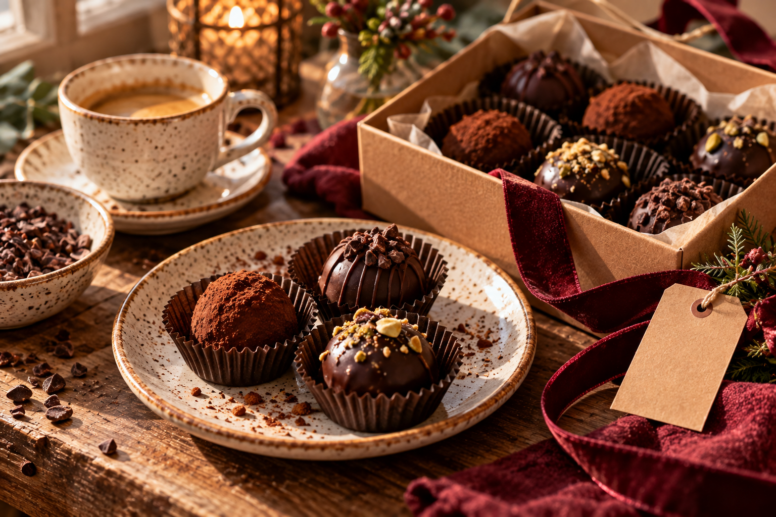 Espressotrüffel als Geschenk Dunkle Schokoladentrüffel mit Kakaopulver in einer kleinen Pralinenschachtel.