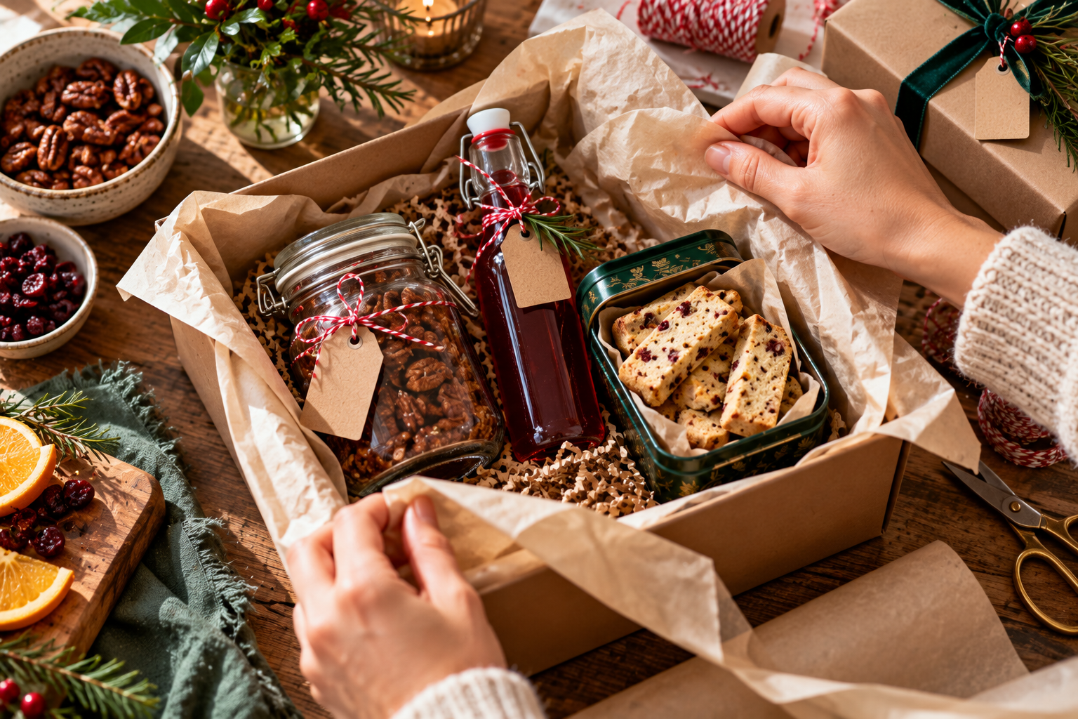 Geschenke aus der Küche verpacken Hände verpacken selbst gemachte Köstlichkeiten in einem Geschenkkarton.
