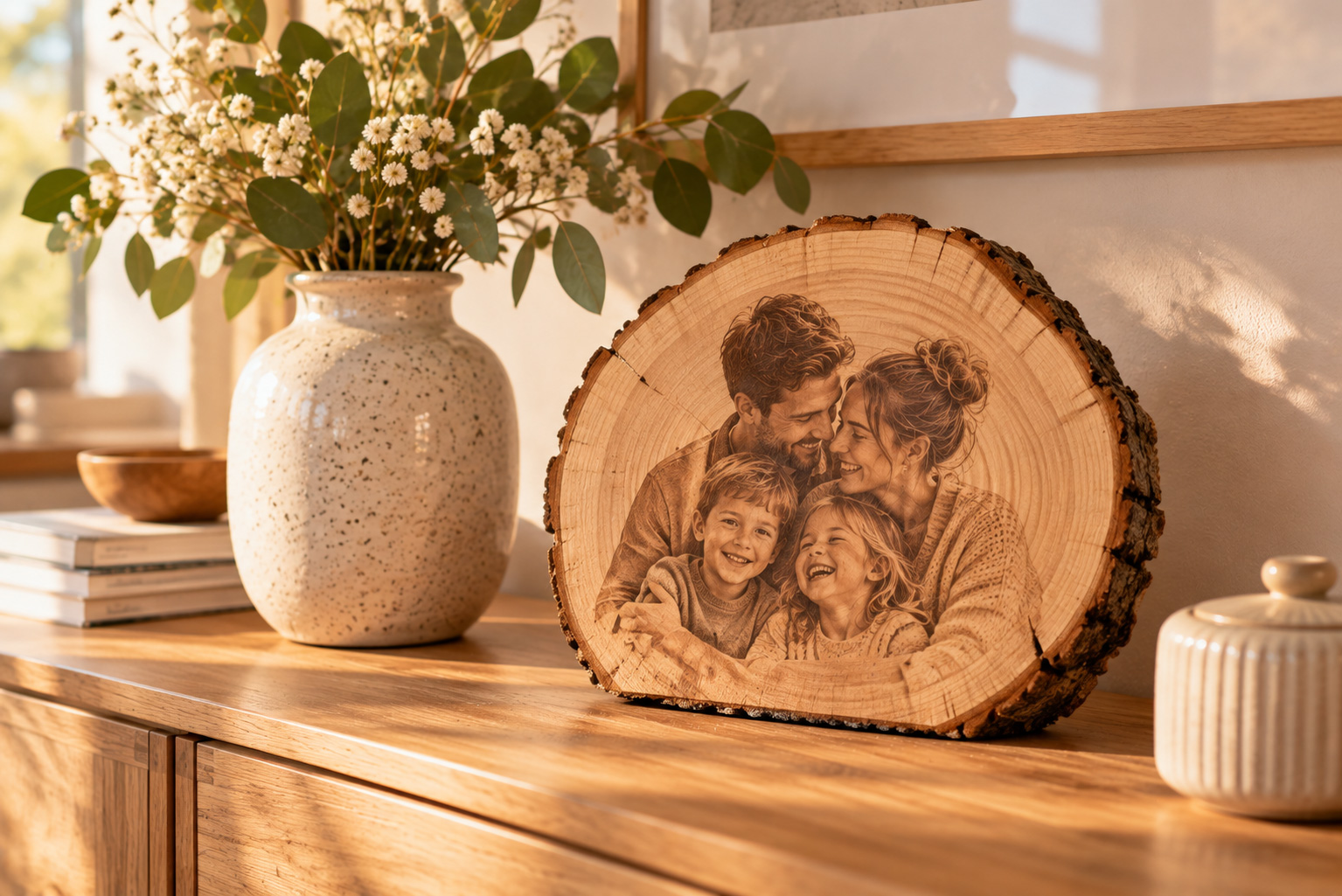 Familienfoto als Gravur auf Holz Runde Baumscheibe mit eingraviertem Familienfoto auf einem Sideboard