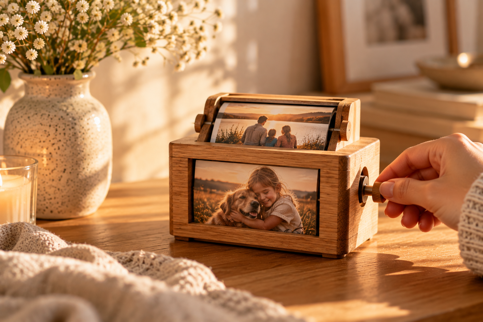 Drehbare Fotobox mit Musik und Erinnerungen Hand bedient eine hölzerne Fotobox mit Kurbel und persönlichen Bildern