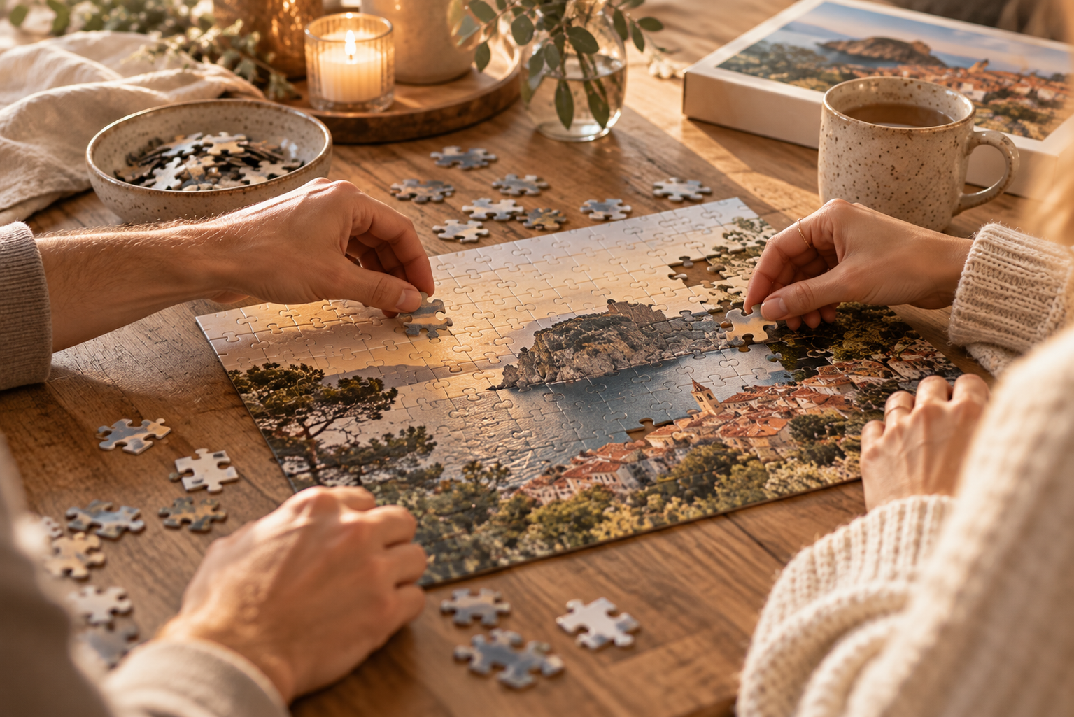 Persönliches Fotopuzzle als Geschenkidee Hände setzen ein Fotopuzzle mit einem persönlichen Urlaubsfoto zusammen