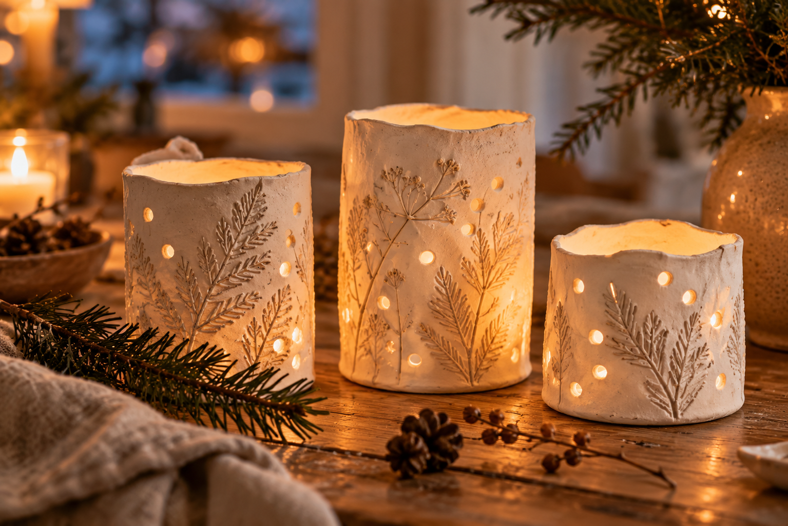 Geprägte Lichtlaternen Drei cremefarbene Lichtlaternen aus Modelliermasse mit eingeprägten Zweigen und kleinen leuchtenden Öffnungen.