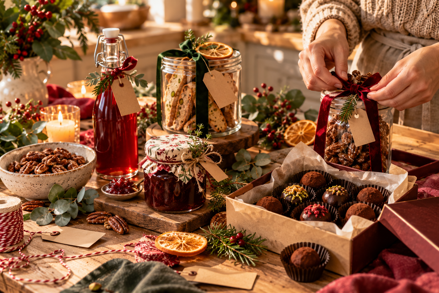 Verschiedene selbst gemachte Geschenke aus der Küche auf einem Holztisch, darunter Cantuccini, Chutney, Pralinen und Nüsse.