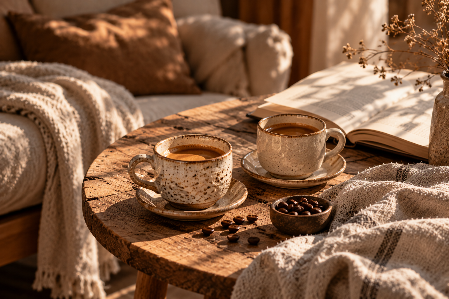 Zwei handgefertigte Keramiktassen mit Espresso auf einem kleinen Holztisch neben einem Buch.