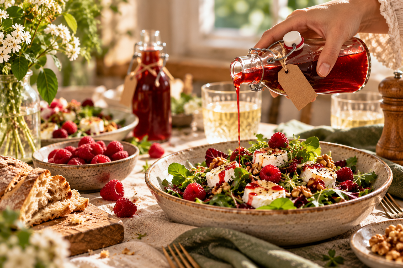 Himbeer-Essig mit rosa Pfeffer Selbst gemachter Himbeer-Essig in einer Glasflasche neben einem Salat mit Ziegenkäse.