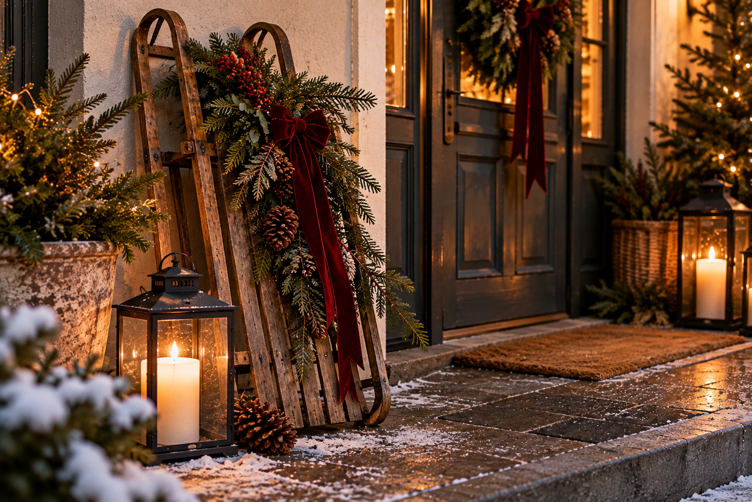 Weihnachtlich dekorierter Holzschlitten Alter Holzschlitten mit Tannenzweigen, Zapfen und dunklem Samtband neben einer Haustür.