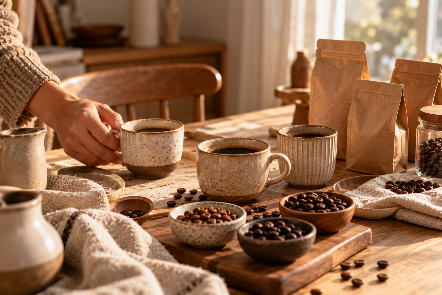 Drei Keramiktassen mit Kaffee und verschiedene Kaffeebohnen für eine kleine Verkostung zu Hause.