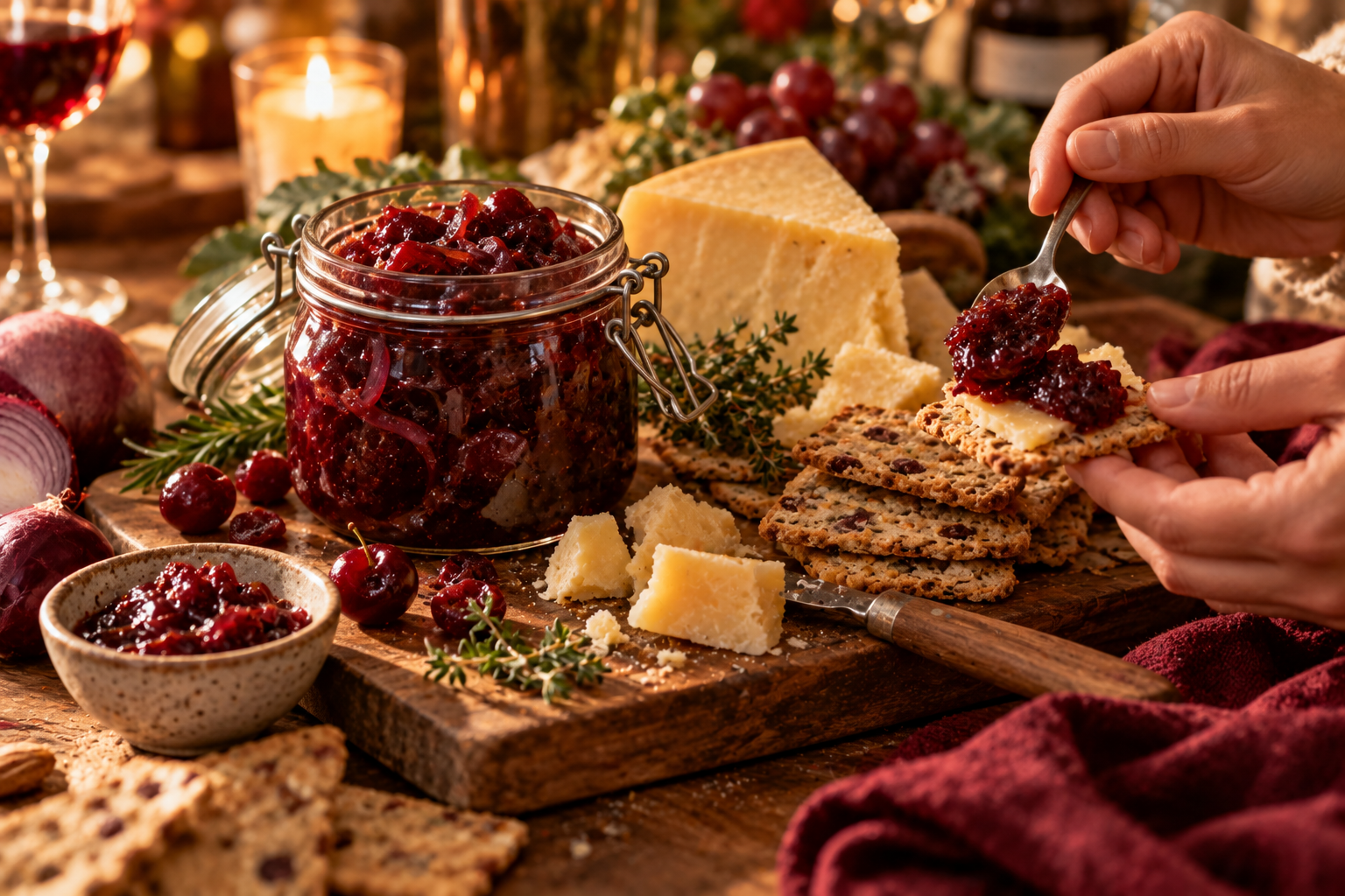 Kirsch-Zwiebel-Chutney zum Verschenken Dunkelrotes Zwiebel-Chutney mit Kirschen wird zu Käse und Crackern serviert.