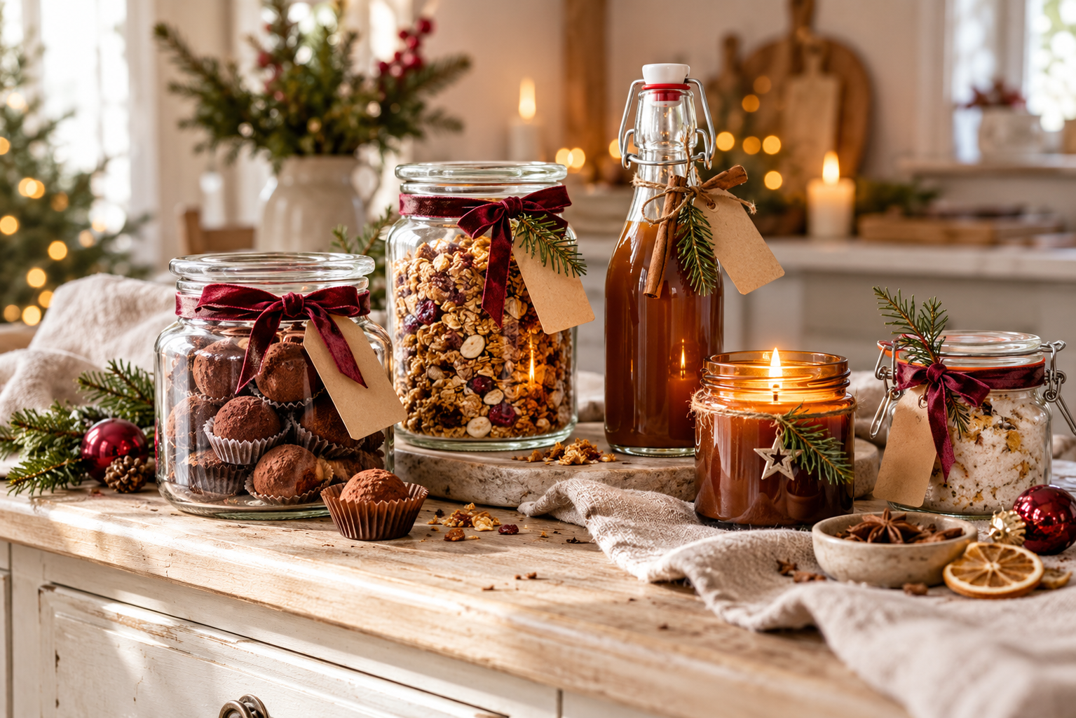 Verschiedene selbst gemachte Weihnachtsgeschenke im Glas mit Pralinen, Granola, Chai-Sirup und einer Kerze.