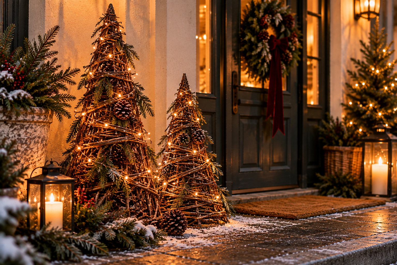 Leuchtende Weihnachtsbäume aus Zweigen Zwei selbst gebaute Tannenformen aus Weidenzweigen mit warmweißer Beleuchtung am Hauseingang.
