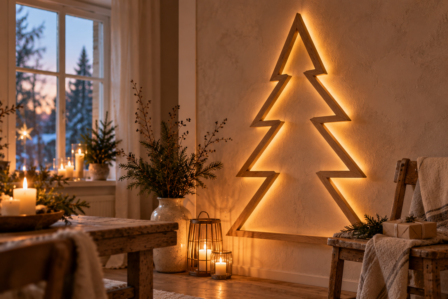 Holzbaum mit indirektem Licht Selbst gebauter Weihnachtsbaum aus Holzleisten mit verborgenem LED-Licht und warmem Lichtsaum an der Wand.