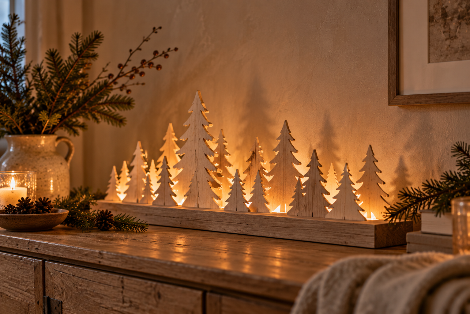 Leuchtender Weihnachtswald aus Holz Selbst gebauter Weihnachtswald aus mehreren Sperrholz-Tannen mit warmem Licht zwischen den Baumreihen.