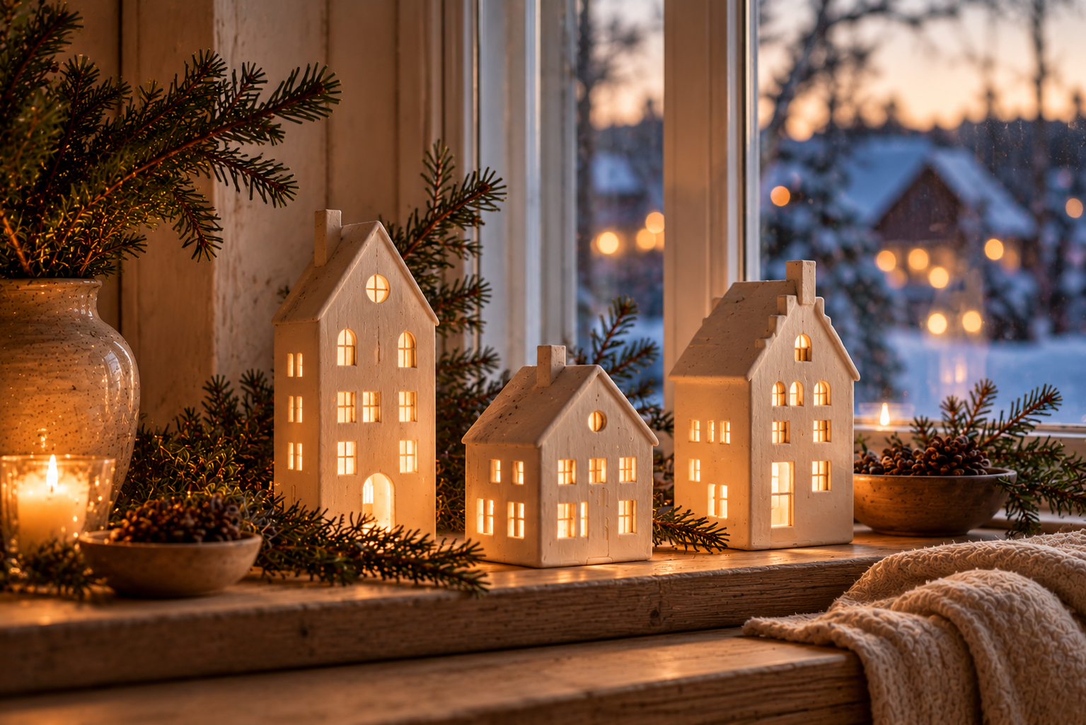 Weihnachtliche Lichthäuser aus Ton Drei selbst gemachte weiße Tonhäuser mit kleinen Fenstern und warmem LED-Licht auf einer Holzfensterbank.