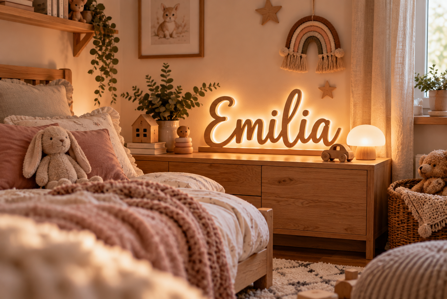 Personalisierte Namenslampe fürs Kinderzimmer Gemütliches Kinderzimmer mit einer beleuchteten Namensdekoration aus Holz