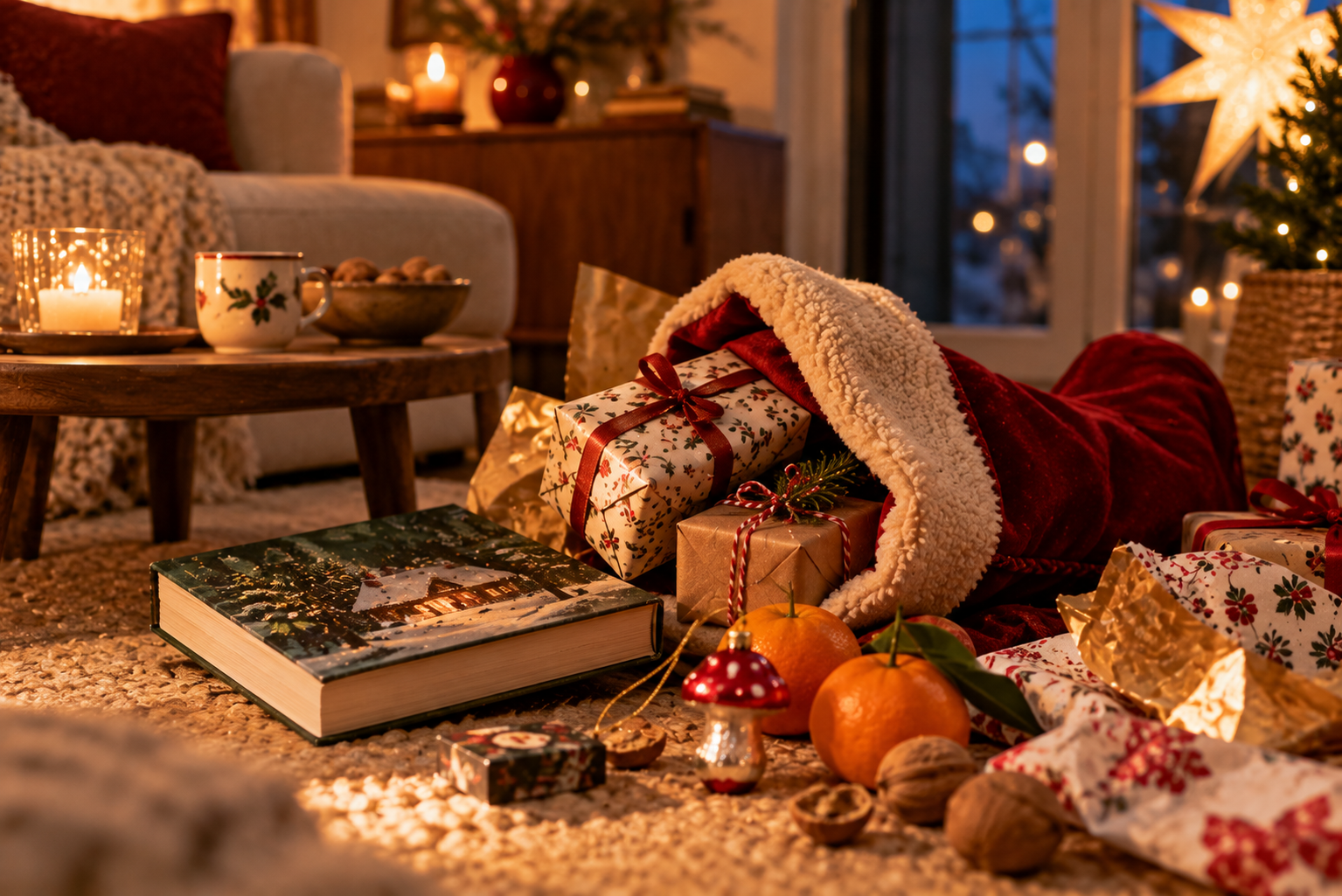 Geschenke am Nikolausabend Geöffneter Nikolausstiefel mit Buch, Mandarinen und Geschenkpapier am Abend.
