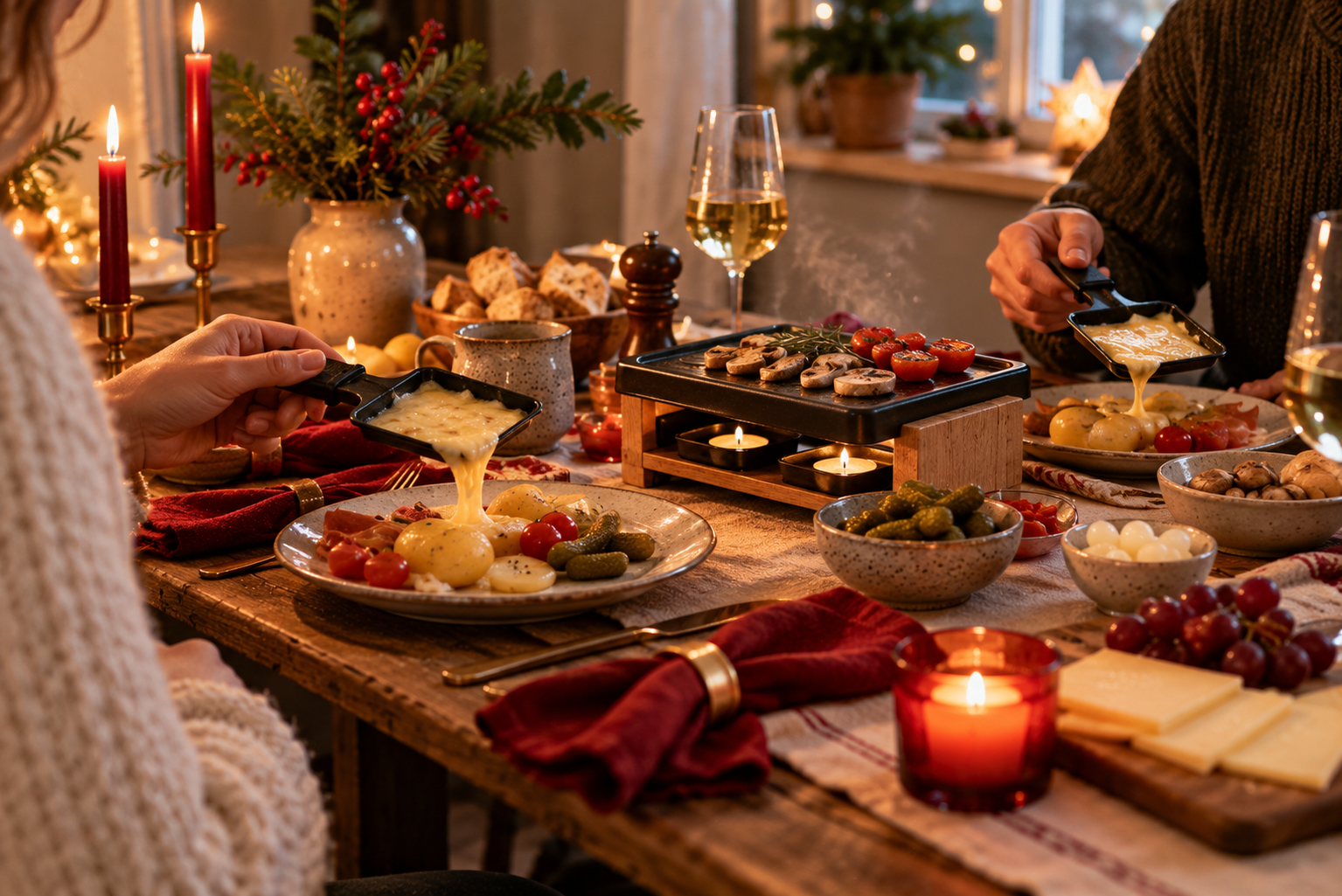 Raclette als Nikolausgeschenk Zwei Personen genießen an einem winterlich gedeckten Tisch ein kleines Raclette.