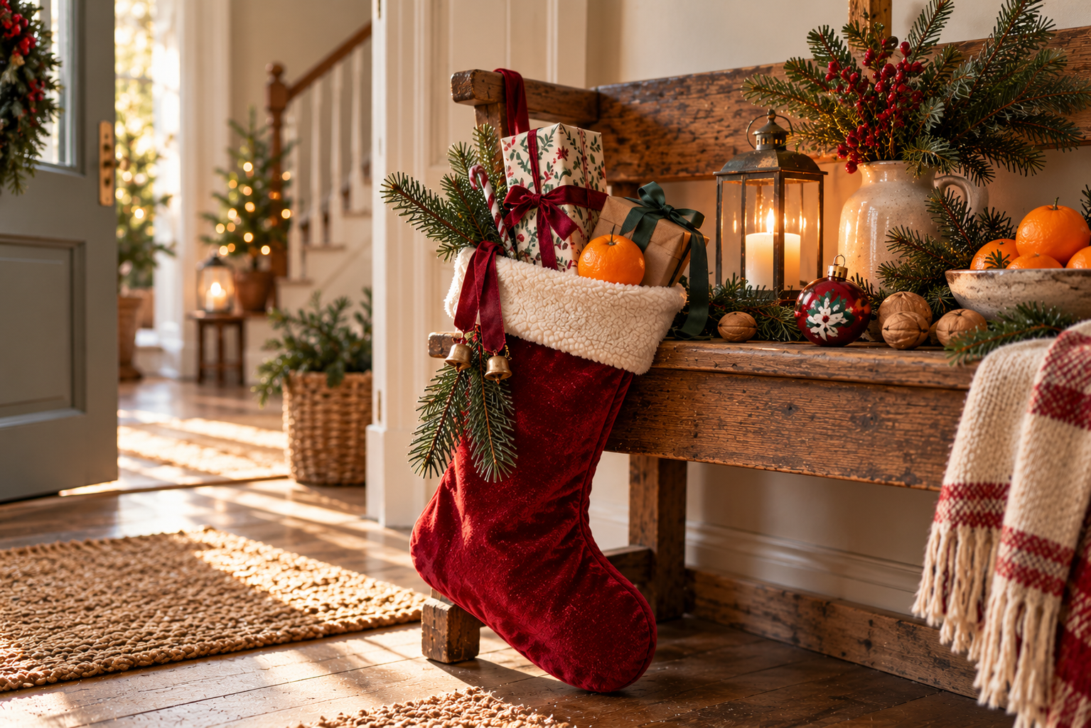 Gefüllter roter Nikolausstiefel mit kleinen Geschenken, Mandarine und Tannenzweig.